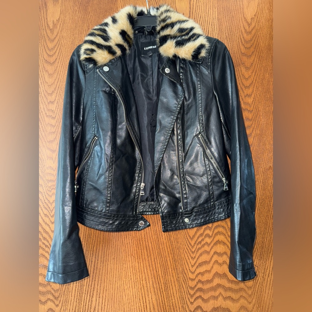 Express Black Leather Jacket with Animal Print Collar